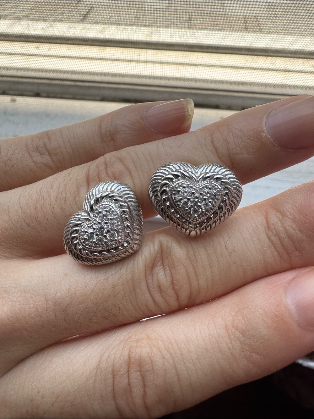 Judith Ripka Sterling silver omega back pave cz heart earrings